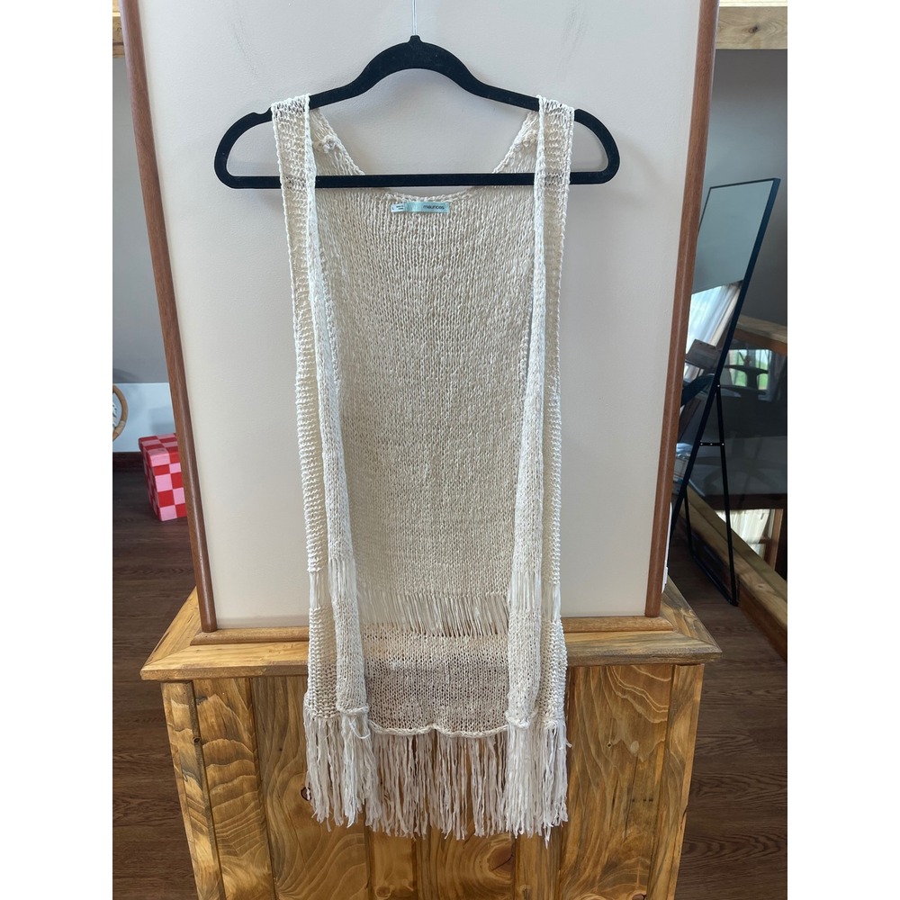 Maurices Crochet Vest Womens L Cream Boho Fringe Open Knit Longline